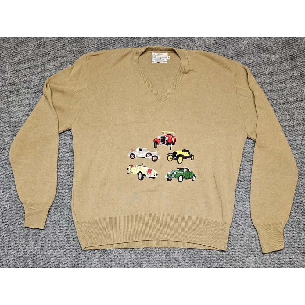 London Fog Mens V Neck Sweater Tan Embroidered‎ Vintage Cars Automobile Size M